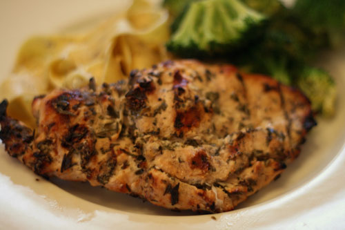 A browned chicken breast with grill marks and visible herbs is shown on a white plate with broccoli and pasta in the background.