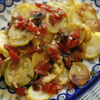 Grilled Summer Squash with Tomatoes, Garlic and Scallions