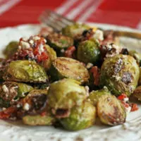 Olive Brussels Sprouts with Feta, Roasted Red Peppers and Bacon