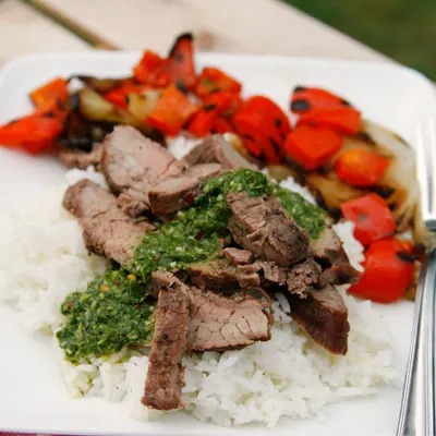 Red Wine Marinated Flank Steak with Basil Chimichurri recipe