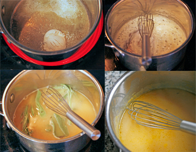 Four photos in a grid show the process of making turkey gravy from butter and flour to adding stock and herbs.
