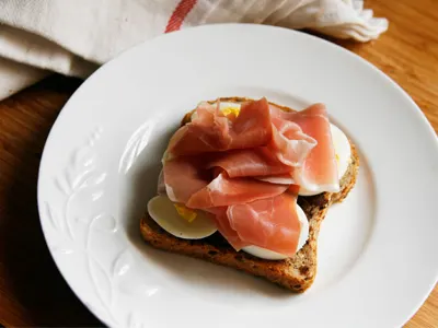 Egg and Prosciutto Open Faced Sandwich with Tapenade