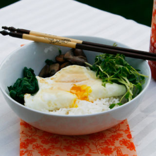 Swiss Chard, Pea Shoot and Mushroom Rice Bowls with Runny Eggs