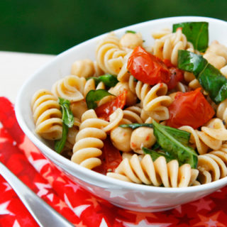 Roasted Tomato, Basil and Chickpea Pasta Salad