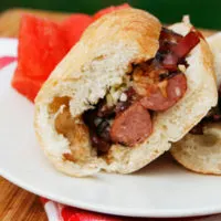 Quick Barbecue Cheddar Sausage Sandwiches with Balsamic Onions