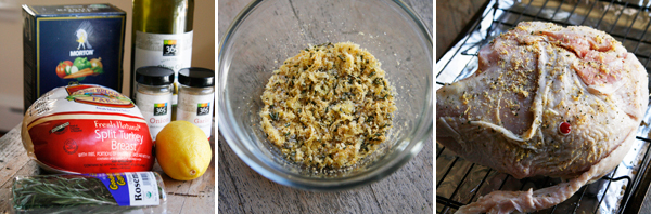 This shows three photos: the ingredients for making this half turkey breast recipe, the lemon rosemary rub in a bowl and the turkey on a rack, ready to go into the oven for the appropriate bone-in turkey breast cooking time.