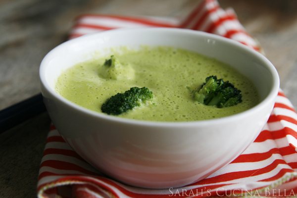 This shows a bowl of Easy Broccoli Cheddar Soup.