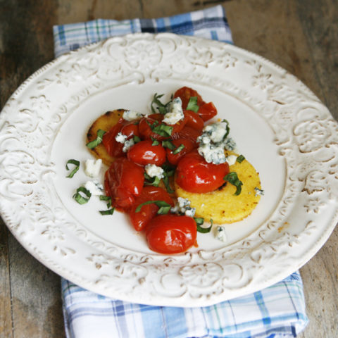 Tomato Basil Fried Polenta with Blue Cheese