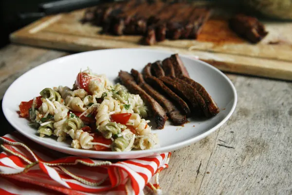 Veggie Caesar Pasta Salad with Chili Garlic Steak