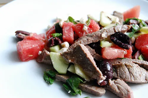 Steak and Watermelon Salad with Olives Feta Basil