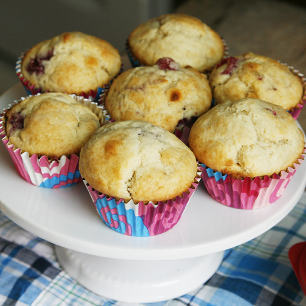 Raspberry White Chocolate Muffins on a Cake Stand