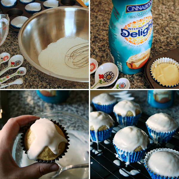 Four photos show stages of making Iced Cinnamon Roll Cupcakes — mixing dry ingredients, cupcake batter in cupcake papers, a just-iced cupcake and a cooling rack filled with iced cupcakes.