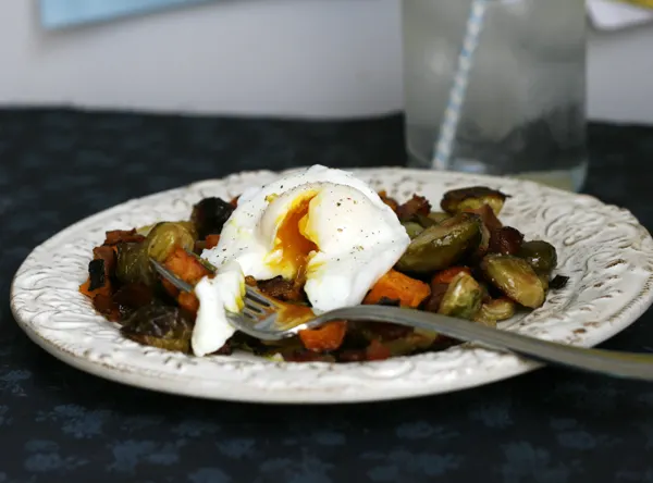 Sweet Potato, Brussels Sprouts and Bacon Hash