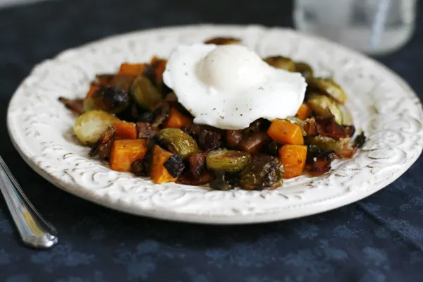 Sweet Potato Brussels Sprouts and Bacon Hash