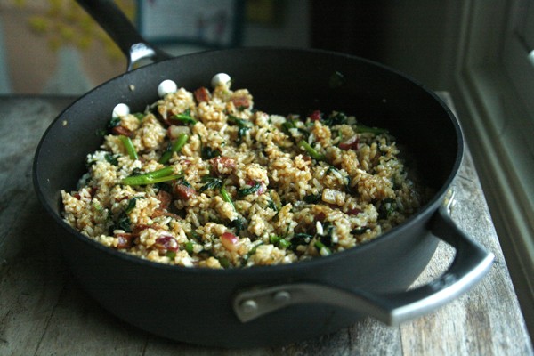 Andouille Broccoli Rabe Spinach Fried Rice recipe