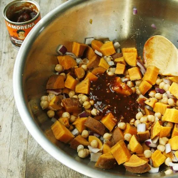 making Spicy Chipotle Sweet Potato Salad