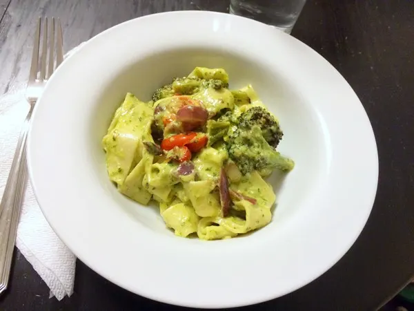 Roasted Vegetable Pappardelle with Creamy Pesto Sauce