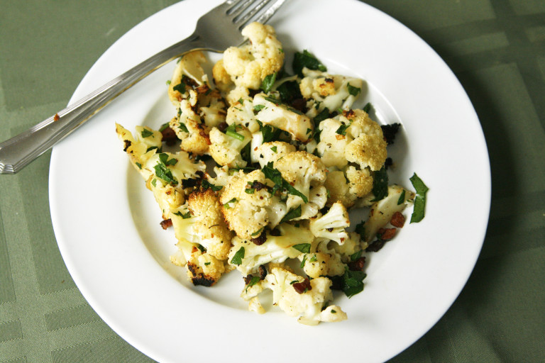 Roasted Cauliflower Salad with Warm Pancetta Garlic Vinaigrette