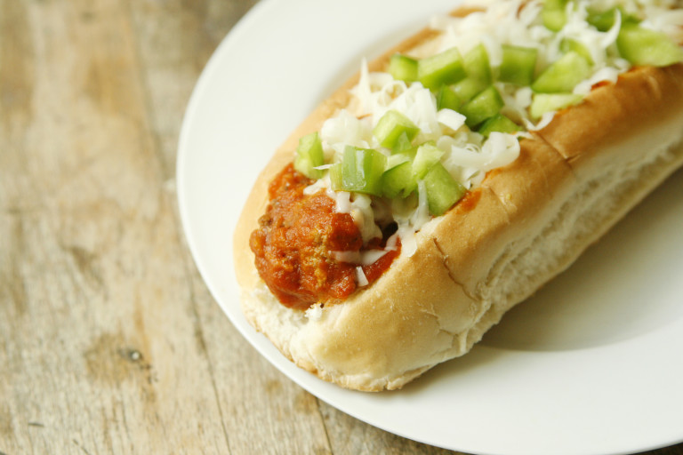 Garlicky Homemade Meatball Subs with Asiago and Green Peppers