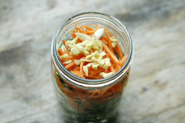 Garlic Ginger Carrot and Cucumber Quick Pickles in jar