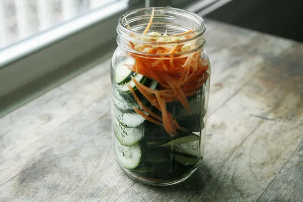Garlic Ginger Carrot and Cucumber Quick Pickles, ready to marinate
