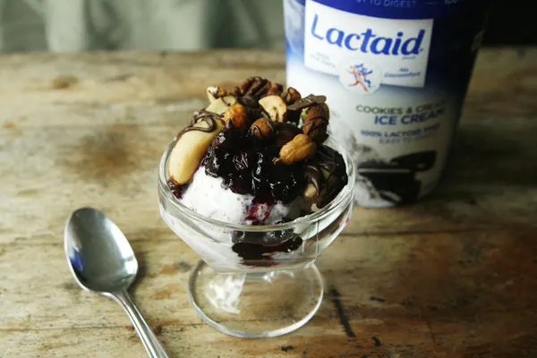 Cookies and Cream Sundaes with Blueberry Sauce and Salted Dark Chocolate Nuts