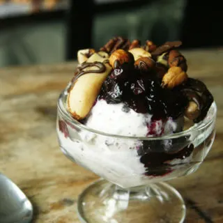 Cookies and Cream Sundaes with Blueberry Sauce and Dark Chocolate Nuts