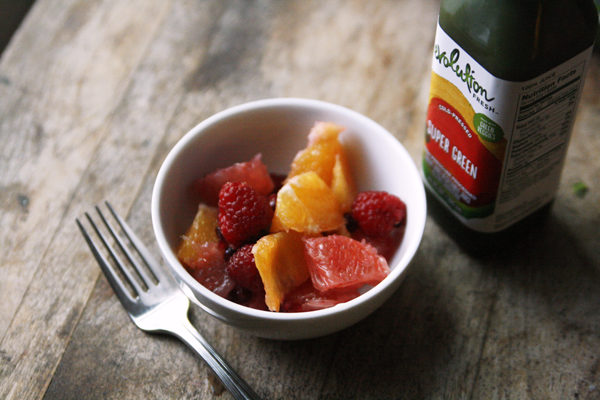 Citrus Fruit Salad is shown with an Evolution juice drink