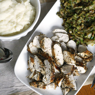 Herb Chicken Breasts with Brussels Sprouts Hash and Mashed Potatoes