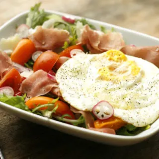 French Breakfast Radish, Prosciutto and Egg Breakfast Salad on Baby Kale