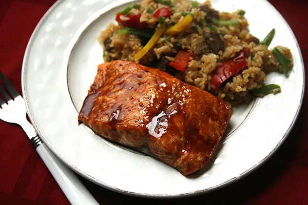 Honey Hoisin Broiled Salmon with fried rice