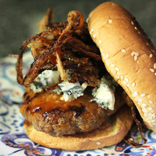 Buffalo Blue Cheese Skillet Burgers with Onion Straws