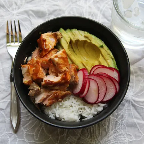 Teriyaki Salmon and Avocado Bowl with Pickled Radishes