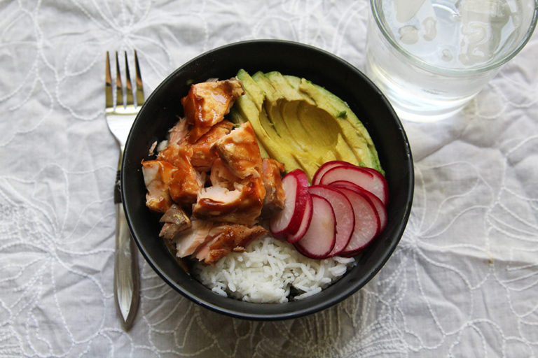 Teriyaki Salmon and Avocado Bowl with Pickled Radishes