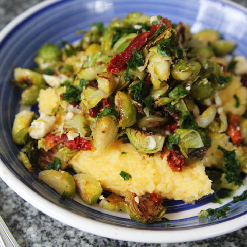 Roasted Brussels Sprouts Polenta with Sundried Tomatoes and Gorgonzola