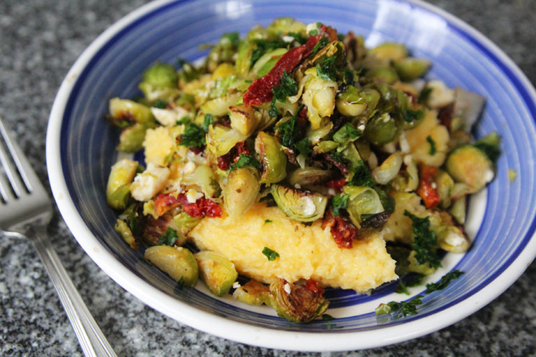 Roasted Brussels Sprouts Polenta with Sundried Tomatoes and Gorgonzola
