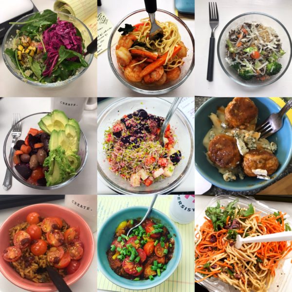 This image shows a grid of meal prep bowls including salads, pasta, meatballs and shrimp.