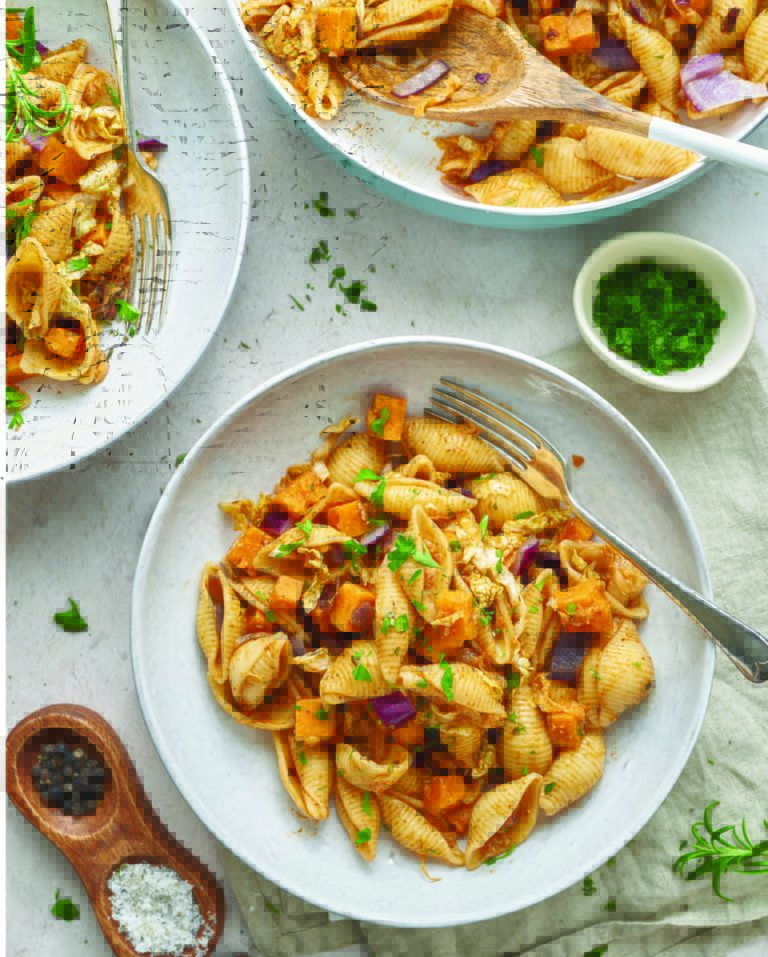 Sweet Potato and Red Onion Shells One-Pot Pasta