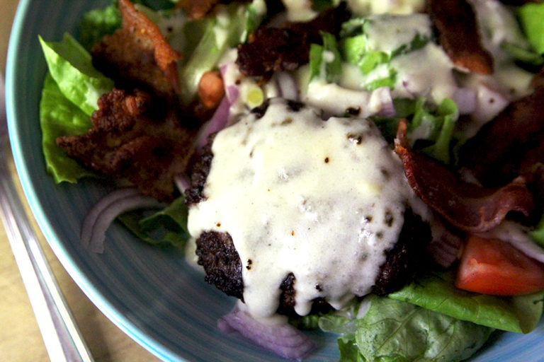 Bacon Burger Salad with Gouda Cheese Sauce