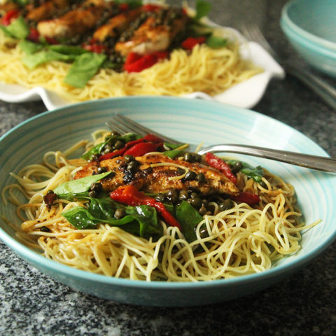 Chicken, Greens and Roasted Red Peppers with Lemon Butter Caper Sauce over Angel Hair Pasta