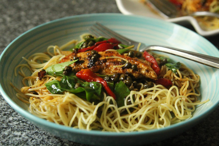 Chicken, Greens and Roasted Red Peppers with Lemon Butter Caper Sauce over Angel Hair Pasta