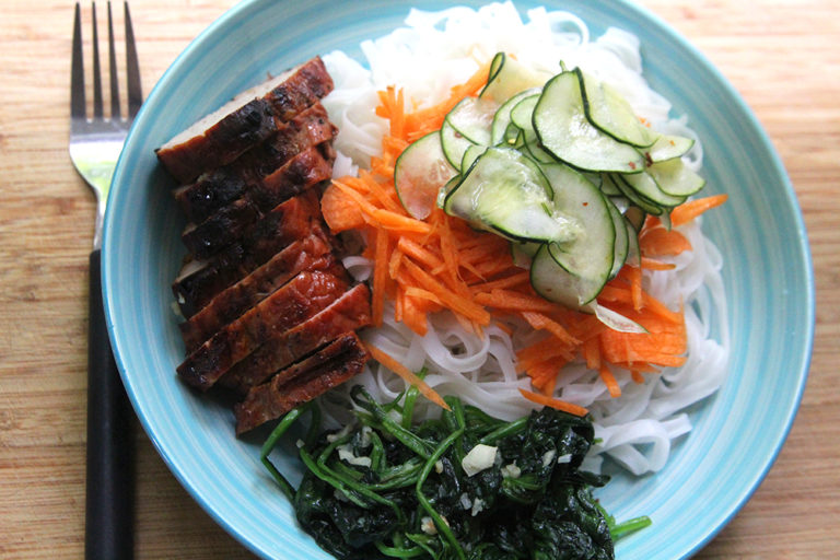 Grilled Pork Rice Noodle Bowls with Garlicky Spinach and Spicy Quick Pickles