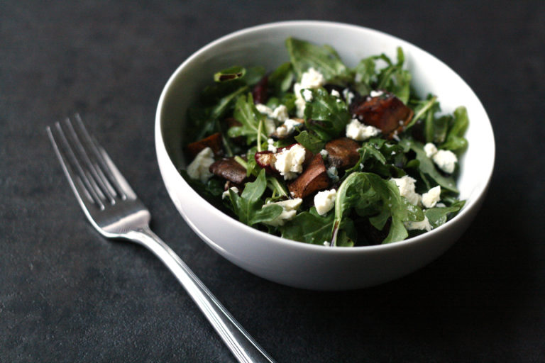 Arugula Salad with Balsamic Roasted Radishes and Sweet Potatoes
