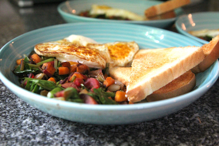 Beet, Carrot and Onion Breakfast Bowl with Fried Eggs