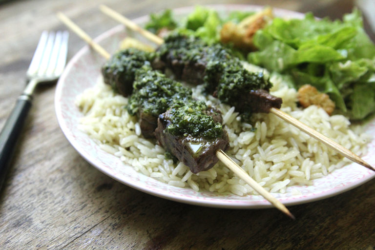 Brazilian Marinated Steak Skewers with Chimichurri and Rice