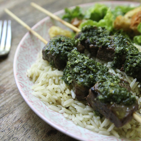 Brazilian Marinated Steak Skewers with Chimichurri and Rice