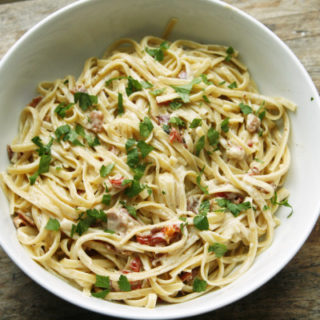 Creamy Garlic Fettuccine with Bacon and Roasted Red Peppers