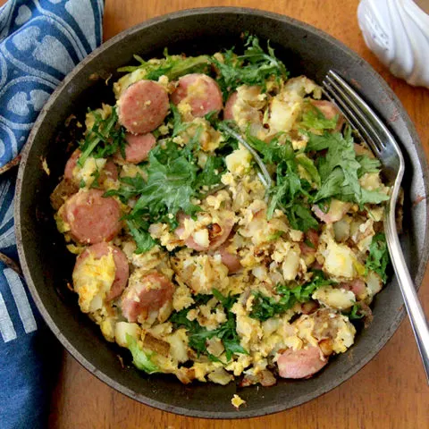 Bratwurst Skillet with Eggs and Baby Kale