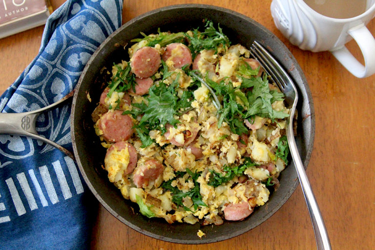 Bratwurst Skillet with Eggs and Baby Kale for One