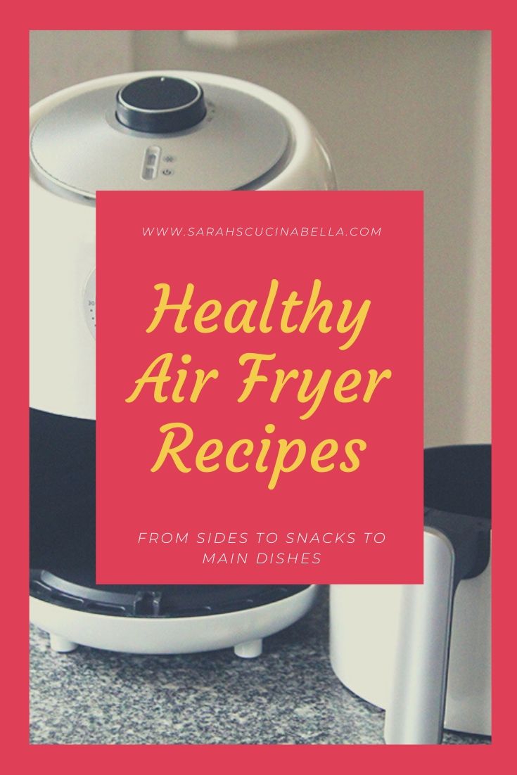 Healthy Air Fryer Recipes - A black and white picture of an air fryer with a pink box and text overlaid.
